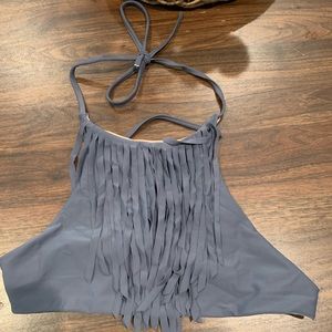 Gray fringe halter bikini top